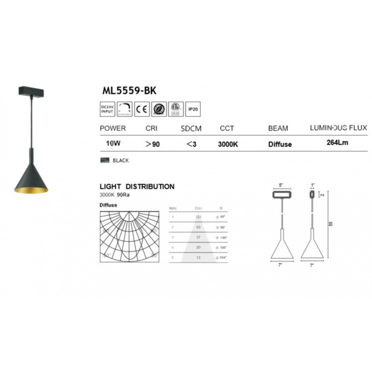 AVENUE LIGHTING ML5559-BK Magnetix Cone-Shaped LED Pendant 10W