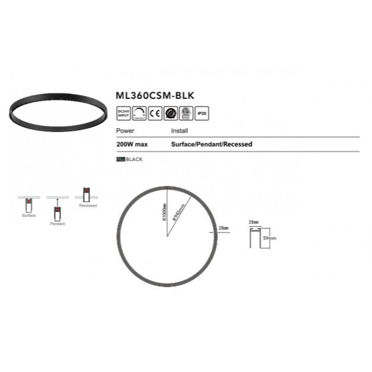 AVENUE LIGHTING ML360-CSM-BLK Magnetix Circle Track 39" Diameter 200W Max