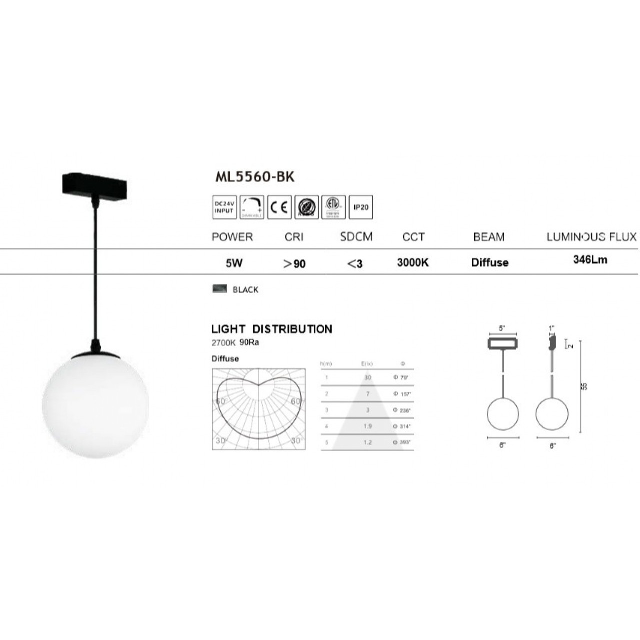 AVENUE LIGHTING ML5560-BK Magnetix 6"W Round Globe Pendant/White Glass 5W