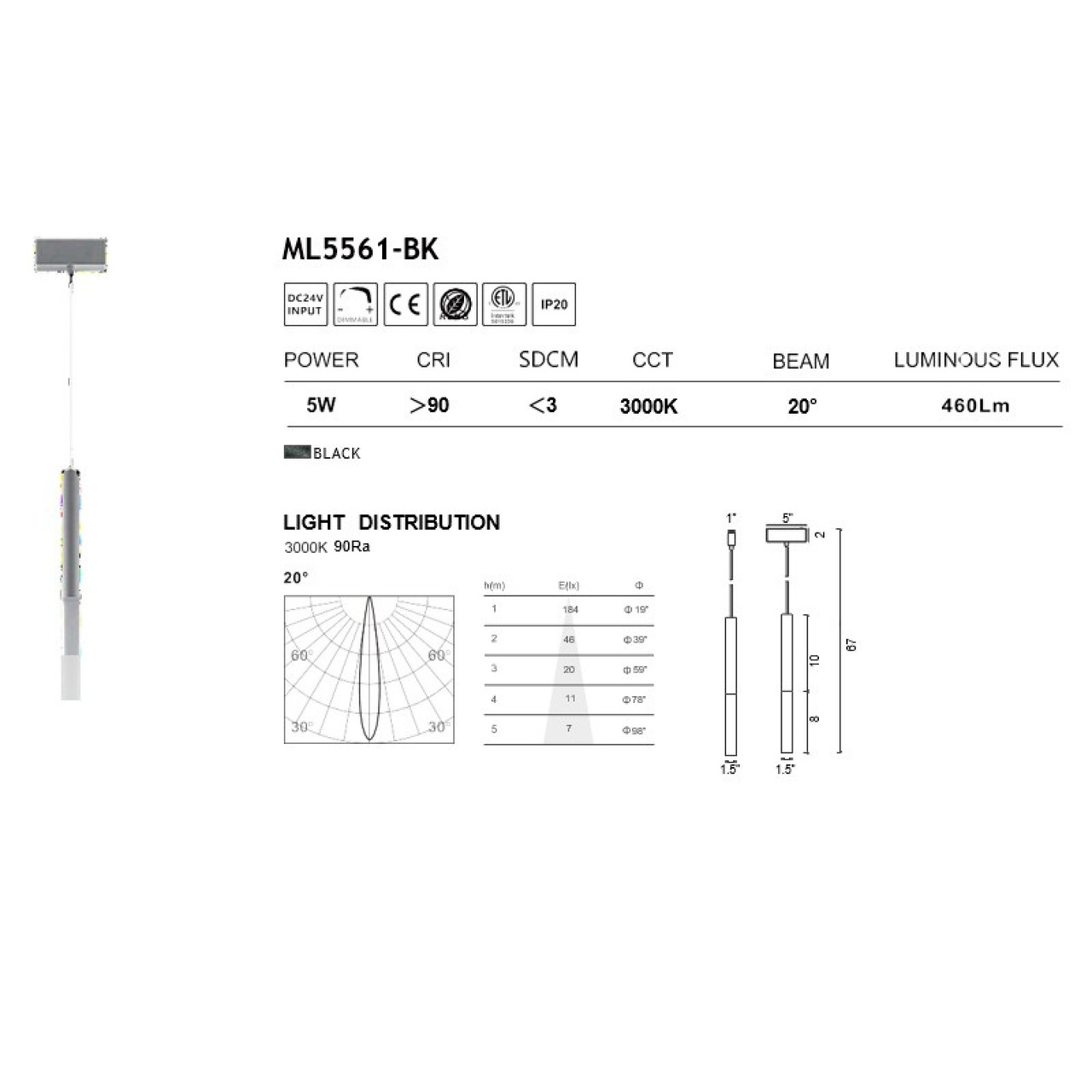 AVENUE LIGHTING ML5561-BK Magnetix 18"H LED Pendant/White Acrylic Diffuser 5W