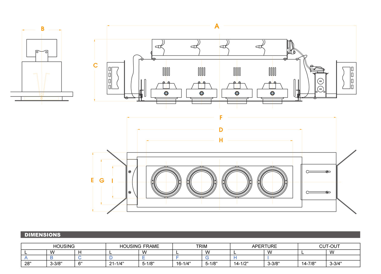 JESCO Lighting MMG1650-4ESS 4-Light Linear New Construction (Low Voltage), Silver Trim, Silver Gimbal, Black Interior