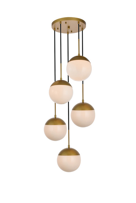 Living District LD6078BR Eclipse 5 Lights Brass Pendant With Frosted White Glass