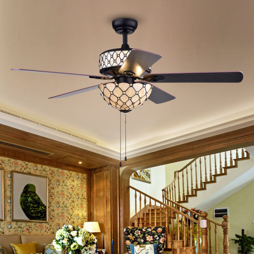 WAREHOUSE OF TIFFANY'S CFL-8279BL Tohva 53 in. 4-Light Indoor Black Finish Hand Pull Chain Ceiling Fan with Light Kit