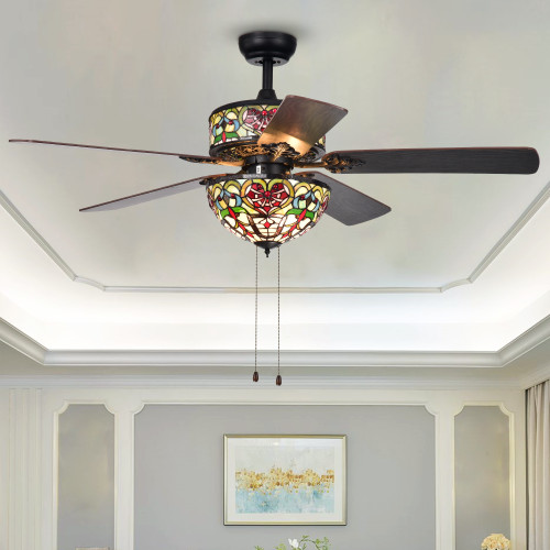 WAREHOUSE OF TIFFANY'S CFL-8284BL Ransoe 15 in. 6-Light Indoor Black Finish Hand Pull Chain Ceiling Fan with Light Kit