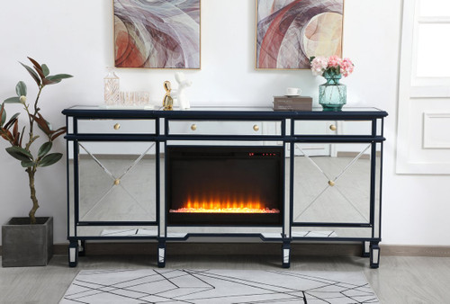 Elegant Décor MF61072BL-F2 Contempo 72 in. mirrored credenza with crystal fireplace in blue