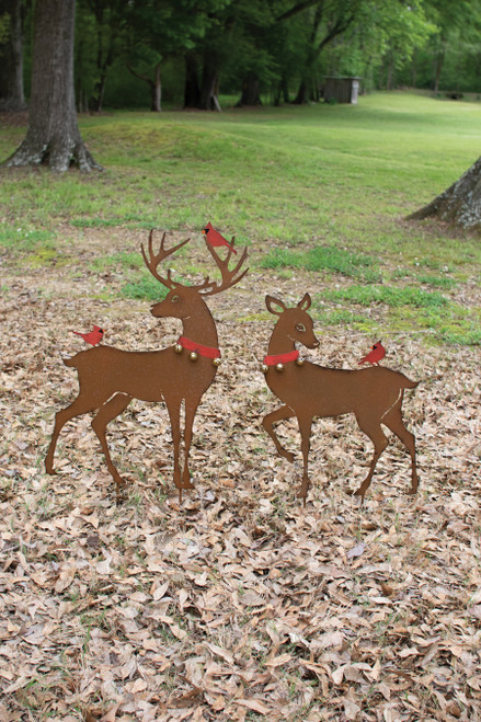 KALALOU CZG1436 SET OF TWO RUSTIC REINDEER YARD ART WITH RED BIRDS
