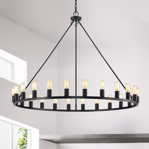 WAREHOUSE OF TIFFANY'S PD001/24MB Liam 48 in. 24-Light Indoor Matte Black Finish Round Wagon Wheel Chandelier with Light Kit