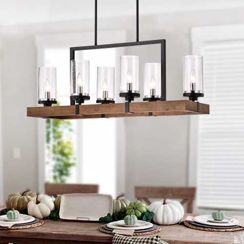 WAREHOUSE OF TIFFANY'S PD002/6BR Sonoma 36 in. 6-Light Indoor Black and Oak Finish Linear Chandelier with Light Kit