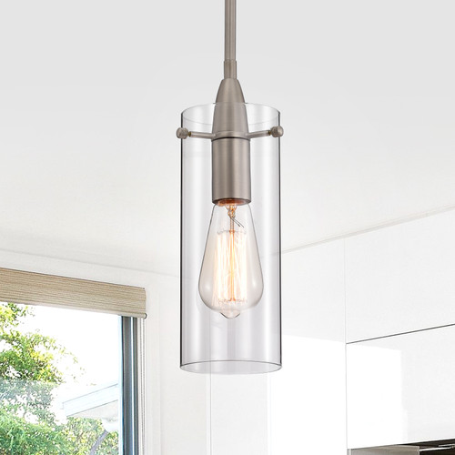 WAREHOUSE OF TIFFANY'S MD42/1NI Kenni Matte Satin Nickel 1-Light Metal & Cylinder Glass Shade Pendant Light