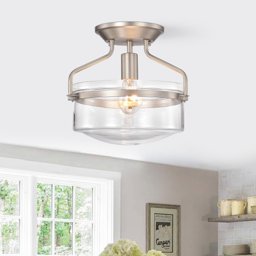 WAREHOUSE OF TIFFANY'S CM018/1NI Milton Matte Satin Nickel 1-Light Metal & Glass Bowl Shade Semi-Flush Mount