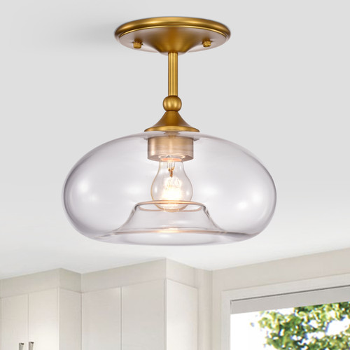 WAREHOUSE OF TIFFANY'S HM005/1AGB Charli Aged Brass 1-Light Curved Clear Glass Shade Semi-Flush Mount