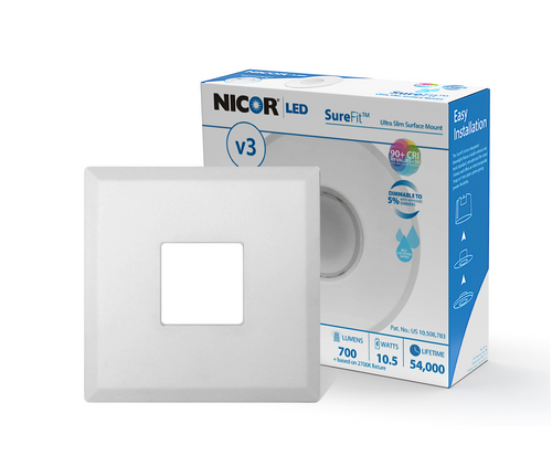 NICOR DLF301203KSQWH SureFit(v3) LED Flush Mount Ceiling Light, 3000K with Square White Trim NICOR DLF301203KSQWH SureFit(v3) LED Flush Mount Ceiling Light, 3000K with Square White Trim