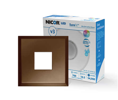 NICOR DLF301203KSQOB SureFit(v3) LED Flush Mount Ceiling Light, 3000K with Square Oil-Rubbed Bronze Trim NICOR DLF301203KSQOB SureFit(v3) LED Flush Mount Ceiling Light, 3000K with Square Oil-Rubbed Bronze Trim