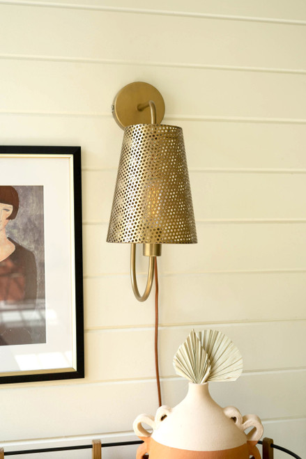 KALALOU NEP1091 DOUBLE ANTIQUE BRASS WALL LAMP WITH PERFORATED METAL SHADE