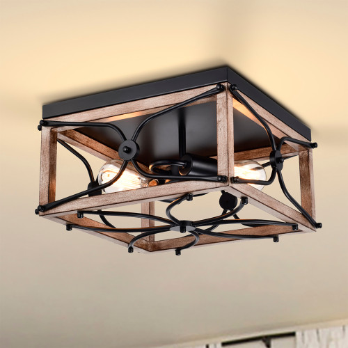 WAREHOUSE OF TIFFANY'S FC10001/2WB Catona 12 in. 2-Light Indoor Matte Black and Faux Wood Grain Finish Semi-Flush Mount Ceiling Light with Light Kit
