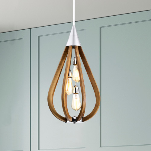 WAREHOUSE OF TIFFANY'S IMP808A/3 Flann 14 in. 3-Light Indoor Silver and Faux Wood Grain Finish Pendant with Light Kit
