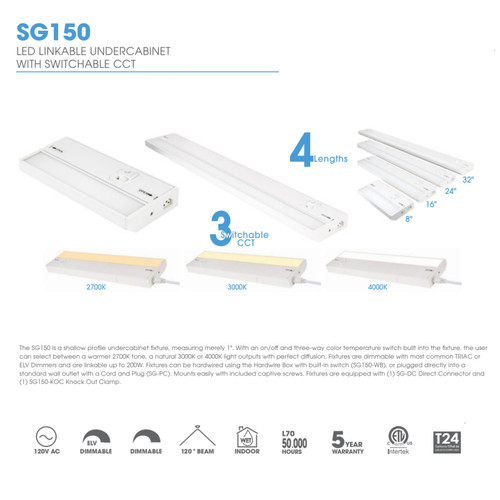 JESCO LIGHTING SG150-32-SWC-WH 32 Inch 16W shallow profile LED Linkable Undercabinet with Adjustable Color Temperature