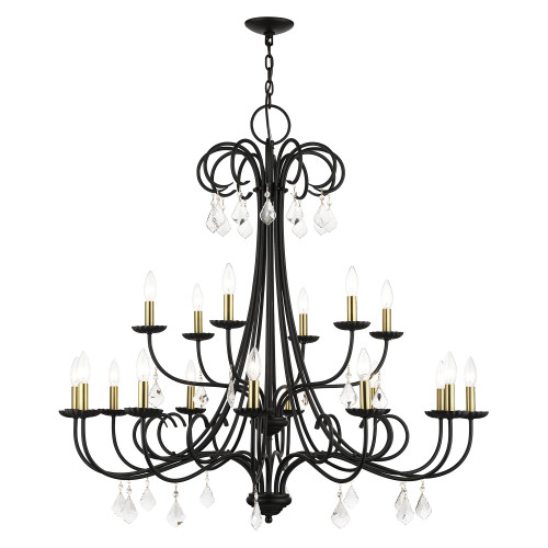 LIVEX LIGHTING 40870-04 18 Light Black Extra Large Chandelier with Antique Brass Finish Accents and Clear Crystals