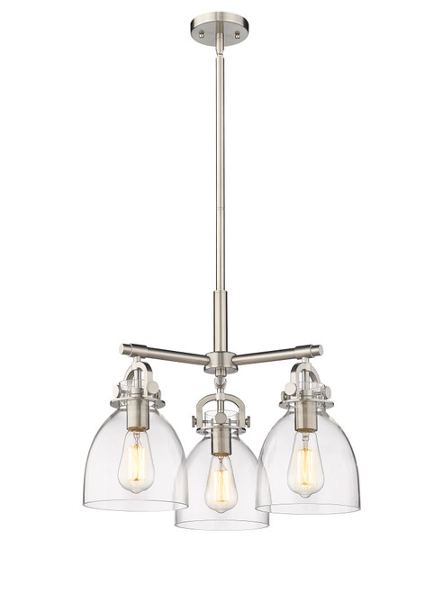 INNOVATIONS 410-3CR-SN-G412-7CL Newton Bell 3 20.625 inch Pendant Satin Nickel INNOVATIONS 410-3CR-SN-G412-7CL Newton Bell 3 20.625 inch Pendant Satin Nickel