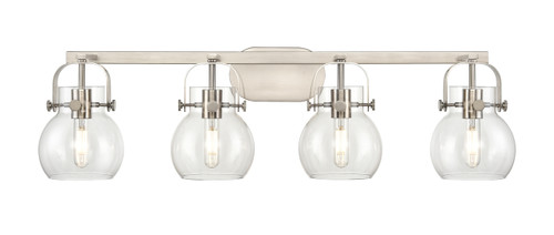 INNOVATIONS 423-4W-SN-G410-6CL Pilaster II Sphere 4 37 inch Bath Vanity Light Satin Nickel INNOVATIONS 423-4W-SN-G410-6CL Pilaster II Sphere 4 37 inch Bath Vanity Light Satin Nickel