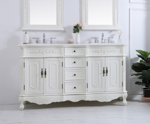 Elegant Kitchen and Bath VF10160DAW-VW 60 inch Double Bathroom vanity in antique white with ivory white engineered marble