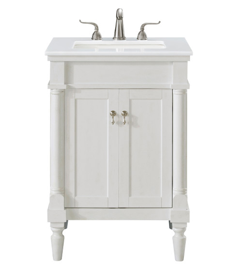 Elegant Kitchen and Bath VF13024AW-VW 24 inch Single Bathroom vanity in Antique White with ivory white engineered marble