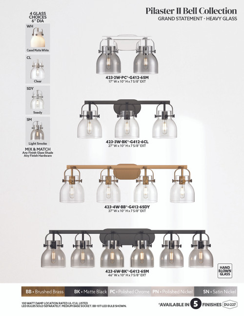 INNOVATIONS 423-6W-BB-G412-6ME Pilaster II Bell 6-Light Bath Vanity Light Brushed Brass