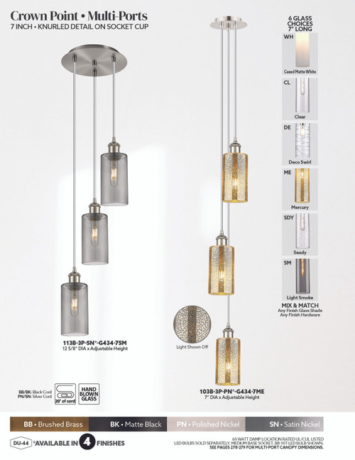 INNOVATIONS 113B-3P-PN-G434-7SM Crown Point 3-Light Multi Pendant Polished Nickel