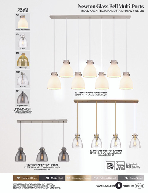 INNOVATIONS 127-410-1PS-BB-G412-8ME Newton Bell 7-Light Linear Pendant Brushed Brass