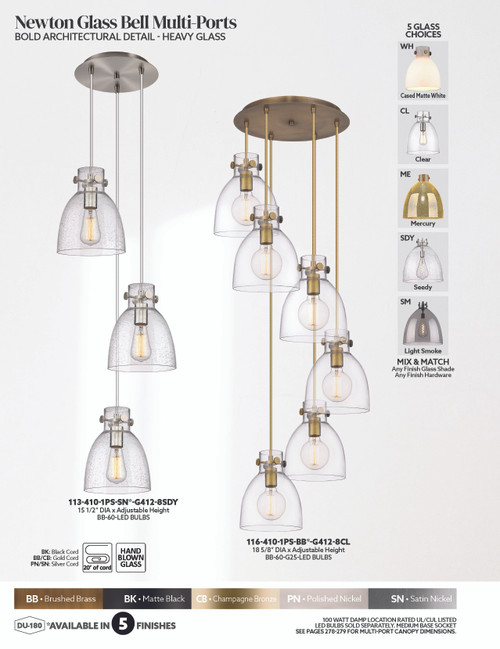 INNOVATIONS 116-410-1PS-BB-G412-8ME Newton Bell 6-Light Multi Pendant Brushed Brass