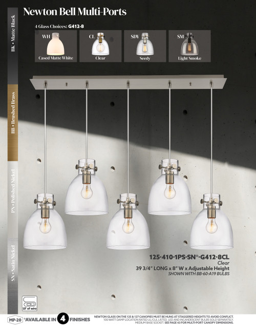 INNOVATIONS 125-410-1PS-BB-G412-8ME Newton Bell 5-Light Linear Pendant Brushed Brass