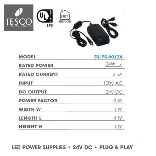 JESCO DL-PS-60/24-JB-OD-S 60W 24V DC Outdoor Universal Non-Dimming in Metal Inclosure LED Power Supply