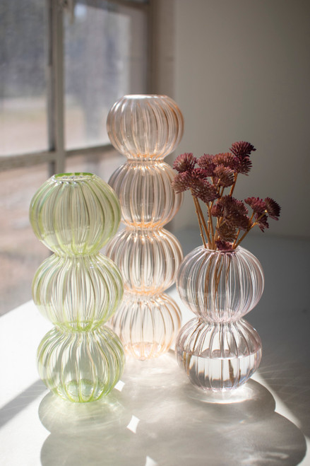 KALALOU NKS1011 SET OF THREE FLUTED GLASS STACKING BALL VASES - ONE EACH COLOR