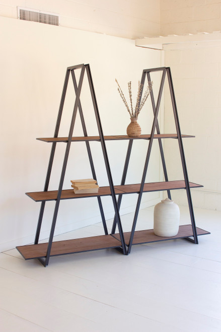 KALALOU CHW1515 DOUBLE ANGLE IRON AND WOOD THREE TIERED SHELVING UNIT