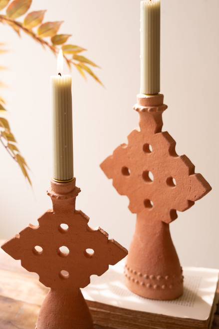 KALALOU CHU1030 SET OF TWO TERRACOTTA TAPER CANDLE HOLDERS
