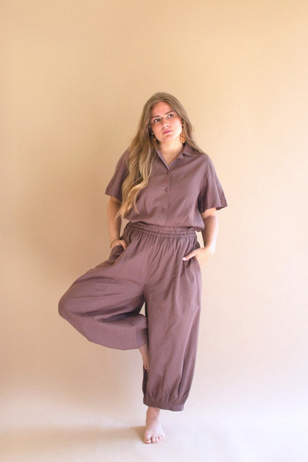 KALALOU NELL1018K SHORT-SLEEVE BUTTONDOWN BLOUSE WITH COLLAR - MULBERRY (MIN 3)