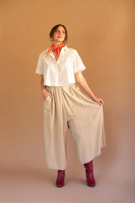 KALALOU NELL1146 PLEATED WIDE-LEG ELASTIC WAIST PANT - OATMEAL