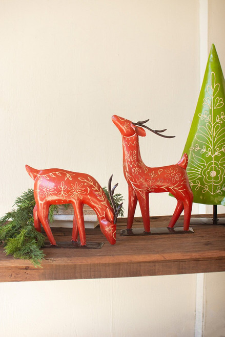 KALALOU NTM1451 SET OF TWO  PAINTED RECYCLED  METAL  FOLK REINDEER