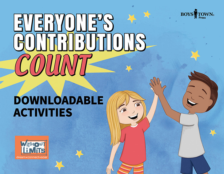 Cover of Everyone's Contributions Count - blonde girl high fiving a boy against a blue background with white and red lettering