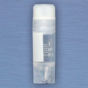 CryoCLEAR vials, 1.0mL, STERILE, Internal Threads, Attached Screwcap with Co-Molded Thermoplastic Elastomer (TPE) Sealing Layer, Conical Bottom, Self-Standing, Printed Graduations, Writing Space and Barcode, 50/Bag, 10 Bags/Case