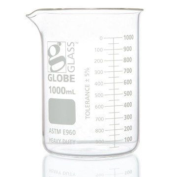 Beaker, Globe Glass, 600mL, Low Form Griffin Style, Heavy Duty, Dual Graduations, ASTM E960, 6/Box