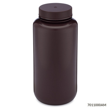 Bottle, Wide Mouth, HDPE Bottle, Attached PP Screw Cap, Amber, 1000mL, 6/Pack