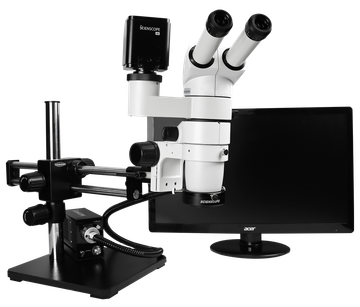 Scienscope CMO-PK12-R3E, E Series Stereo Zoom Trinocular Microscope (20° Binocular Head) on Dual Arm Boom Stand with 4K-Ultra Autofocus Camera, High Intensity LED Ring Light & 26" 4K Monitor