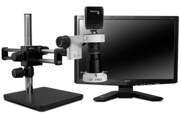 Scienscope MAC-PK5D-4KSC-E2D-AF, MACRO Zoom System on Dual Arm Boom Stand with 4K-Ultra SmartCam Autofocus Camera, Diffused Compact LED Ring Light & 26" 4K Monitor