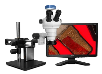 Scienscope NZ-PK10-E1, NZ Stereo Zoom Trinocular Microscope on Dual Arm Boom Stand with 1080p HDMI/USB Camera, Quadrant Compact LED Ring Light & 23" HD LCD Monitor