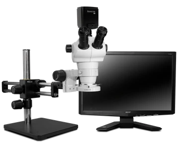 Scienscope NZ-PK12-E1, NZ Stereo Zoom Trinocular Microscope on Dual Arm Boom Stand with 4K-Ultra Autofocus Camera, Quadrant Compact LED Ring Light & 26" 4K Monitor