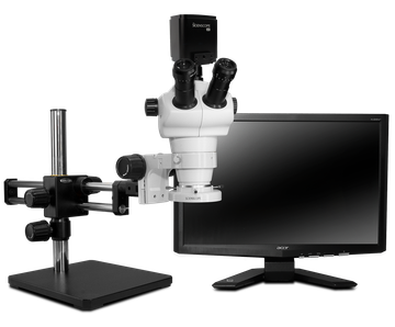 Scienscope NZ-PK12-R3, NZ Stereo Zoom Trinocular Microscope on Dual Arm Boom Stand with 4K-Ultra Autofocus Camera, High Intensity LED Ring Light with Polarizer & 26" 4K Monitor
