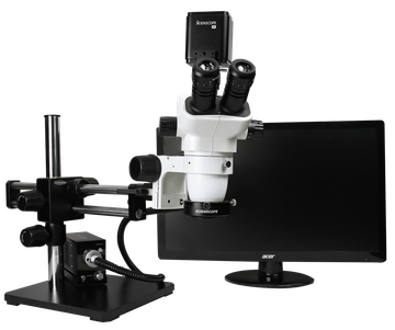 Scienscope SZ-PK12-E1, SSZ-II Stereo Zoom Trinocular Microscope on Dual Arm Boom Stand with 4K-Ultra Autofocus Camera, Quadrant Compact LED Ring Light & 26" 4K Monitor