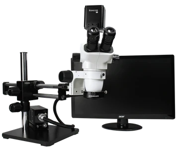 Scienscope SZ-PK12-R3E, SSZ-II Stereo Zoom Trinocular Microscope on Dual Arm Boom Stand with 4K-Ultra Autofocus Camera, High Intensity LED Ring Light & 26" 4K Monitor