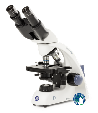 Euromex MB.1152 MicroBlue binocular microscope with achromatic 4/10/S40/S100x oil DIN 35 mm objectives, mechanical stage and LED illumination